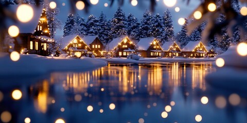 Fototapeta premium fairytale Russian New Year's night winter edge, with beautiful houses with glowing windows, like in the fairy tale