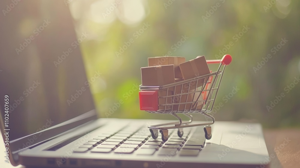 Poster miniature shopping cart full of cardboard boxes is standing on a laptop keyboard, representing the c