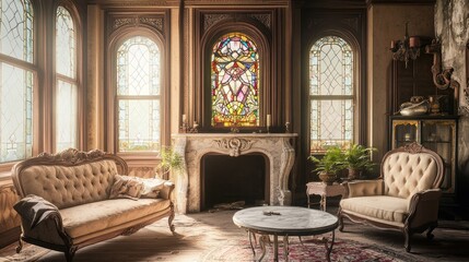 A charming Victorian sitting room featuring stained glass windows