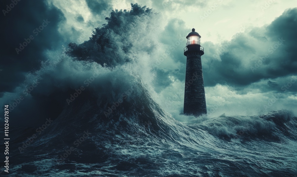 Poster render a unique interpretation of a terrifying tsunami about to hit a lighthouse in the midst of a v