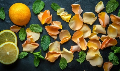 Rose petals citrus zest and mint leaves arranged artistically on a dark background