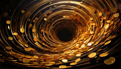Swirling vortex of gold coins being sucked into a dark abyss, symbolizing financial crisis and economic recession
