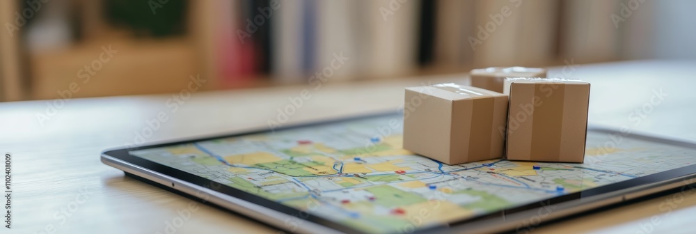 Poster Miniature cardboard boxes resting on a digital tablet displaying a map represent the concept of online shopping, e commerce, and efficient delivery logistics