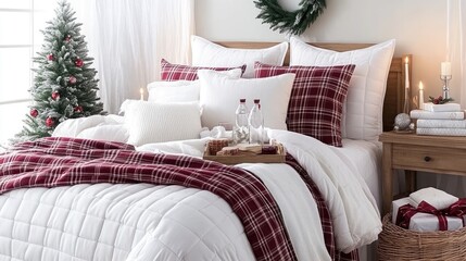 This cozy bedroom showcases a festive Christmas tree, a red and white plaid blanket on the bed, and cheerful holiday accents