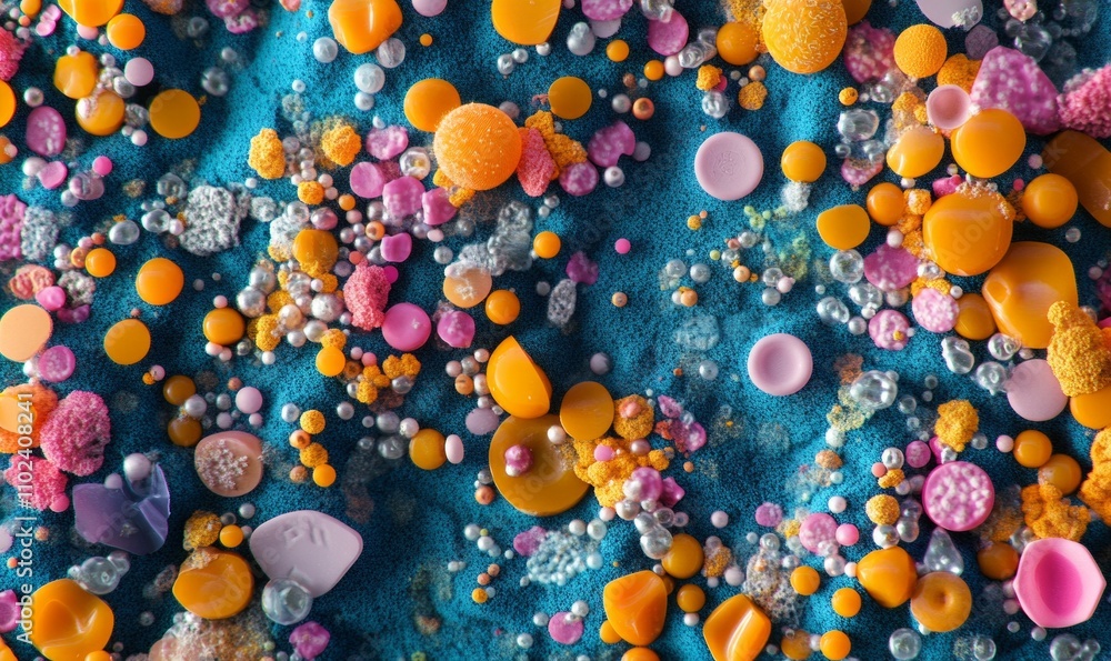 Poster scientific study of microplastics under a microscope with detailed texture and color variations