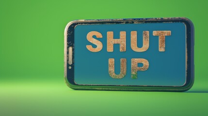 Fototapeta premium A 3D rendering of a smartphone displaying bold, metallic SHUT UP text on a green background. The image offers a modern, edgy statement piece. AI generated.