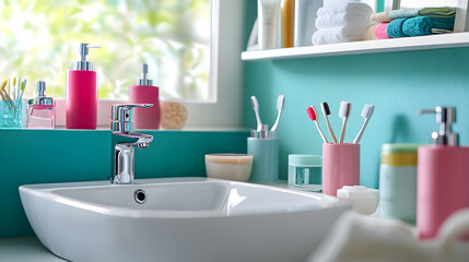 Modern Bathroom Sink  Pink Accessories  Cleanliness  Hygiene