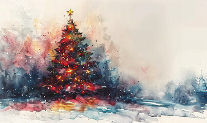 Fototapeta premium Christmas background. Xmas tree with snow decorated with garland lights, holiday festive background. Widescreen frame backdrop. New year Winter art design, Christmas scene wide 