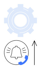 Gear icon above notification bell with blue call icon and an upward arrow. Ideal for alert systems, notifications, progress tracking, reminder apps, mobile services, technical support, productivity