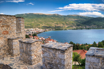 Castle walls, view of Samuil's Fortress, Unesco World Heritage Site, on Lake Ohrid, Ohrid town. View from watchtower of famous old fortress ruins of king Samuel.