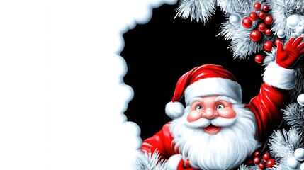 Cheerful Santa Claus embodies the joy of the season as he is surrounded by vibrant decorations, offering ample space for creative holiday messages and designs