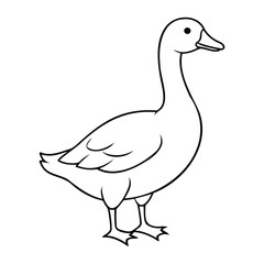 Simple black and white outline illustration of a standing duck