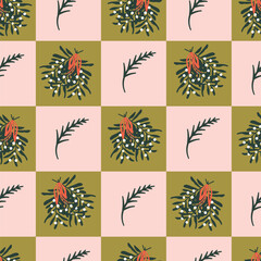 Cute hand drawn checkered christmas holidays seamless vector pattern background illustration with mistletoe and fir branches	