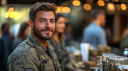 Veteran networking in a corporate lounge during an evening event with fellow professionals