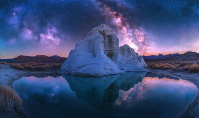 Fototapeta premium Unique Rock Formation under Starry Sky An otherworldly white rock formation illuminated under a brilliant night sky filled with stars