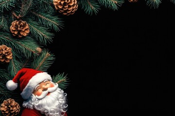 Cheerful Santa Claus smiles joyfully, surrounded by pine branches, holly, and snowflakes, creating a perfect space for holiday greetings or designs