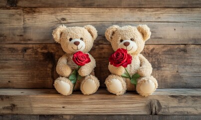 Obraz premium Two teddy bears holding red roses on wooden background