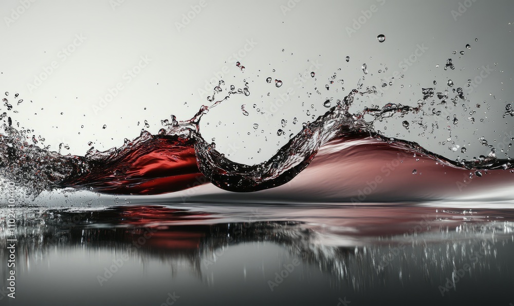 Poster wine splashing and creating waves on grey background with reflection