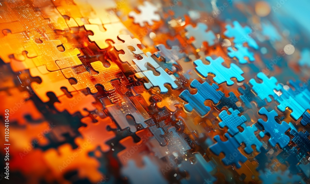 Poster vibrant digital technology backdrop with puzzle pieces merging in abstract image