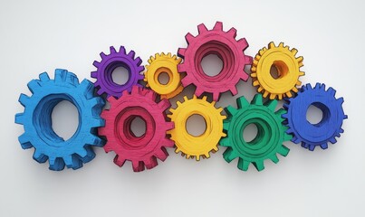 Vibrant gears symbolizing cognitive processes and intelligence in a creative brain concept against a white backdrop