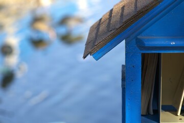 blue free book hutch outside