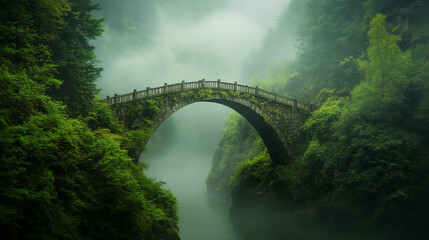Stone Bridge in Misty Forest with Lush Greenery
