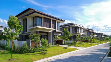 Fototapeta premium Modern residential architecture featuring contemporary houses with landscaped gardens under a bright blue sky during daylight in a suburban neighborhood setting