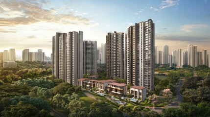 Modern Residential Complex Surrounded by Lush Greenery and Urban Skyline Under a Vibrant Sunset, Showcasing Architecture and Nature in Harmony