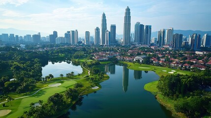 Aerial View of Lush Green Golf Course Surrounded by Urban Skyscrapers and Scenic Water Bodies in a Modern Cityscape
