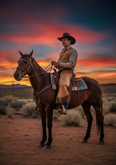Obraz premium Hispanic man riding horse at sunset in desert landscape