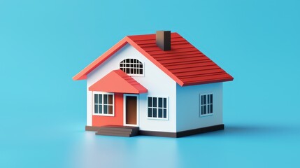 A Vibrant 3D Model of a Cute Family House Featuring a Red Roof and Windows Set Against a Bright Blue Background for Use in Various Projects
