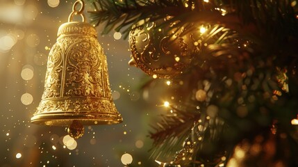 A golden bell hanging from the Christmas tree