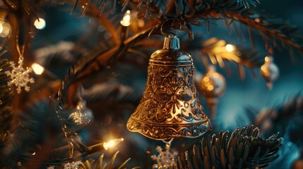 A golden bell ornament hanging from the Christmas tree