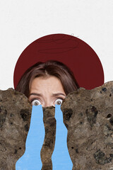 Vertical photo collage of stressed girl cry hide mountain stone tears depression problem mental...