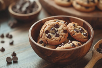 Freshly baked homemade chocolate chip cookies dough wooden bowl preparation recipe with ingredients all around, baking and pastry concept background.