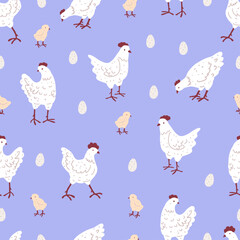 Hand Drawn Chickens, Chicks, and Eggs. Farm Birds on Lilac Background. Easter Seamless Pattern with Poultry.