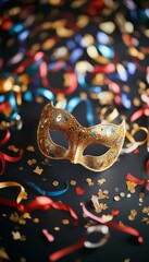 Golden Carnival Mask on Black Background with Colorful Confetti, Streamers, and Glitter