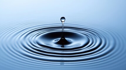Single Water Droplet Splashing into Calm Blue Water, Creating Concentric Ripples, Close Up