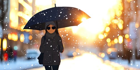 2D animation A beautiful young woman is walking on the street holding a black umbrella.