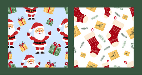 Christmas patterns with jolly Santa Claus with gifts on blue background and cozy red stockings with presents, greenery on white background. Cute holiday vector symbols in warm family Christmas spirit.