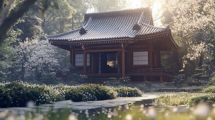 Naklejka premium Serene Japanese Pagoda in a Spring Garden.