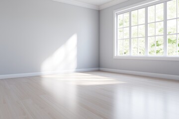 Fototapeta premium Bright Empty Room With Large Windows and Hardwood Flooring. Perfect for real estate, interior design, or home renovation concepts.