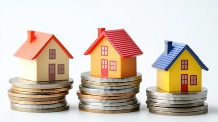 Colorful miniature houses placed on stacks of coins representing real estate investment, financial growth, and property market concepts for stock photography