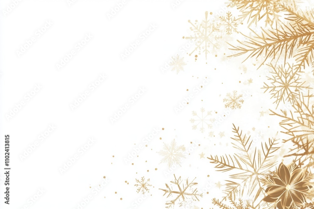Poster a white background with golden snowflakes and decorative elements color scheme is mainly light gold 