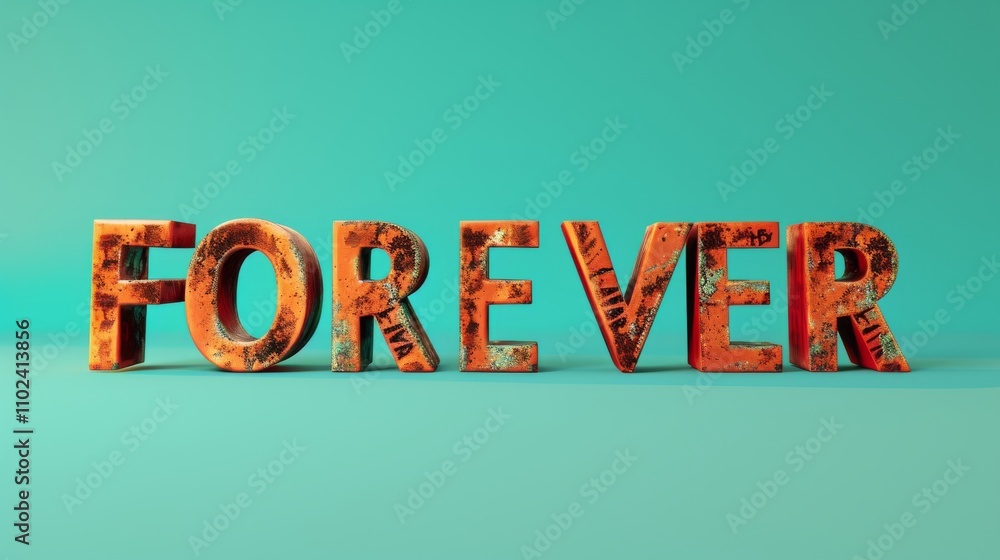 Poster The 3D word FOREVER is displayed in a bold font with a rusty, grunge texture against a clean teal background, combining a mix of roughness and simplicity. AI generated.