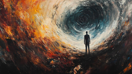 Obraz premium Solitary figure stands at the edge of a dimensional vortex. Liminal. Illustration