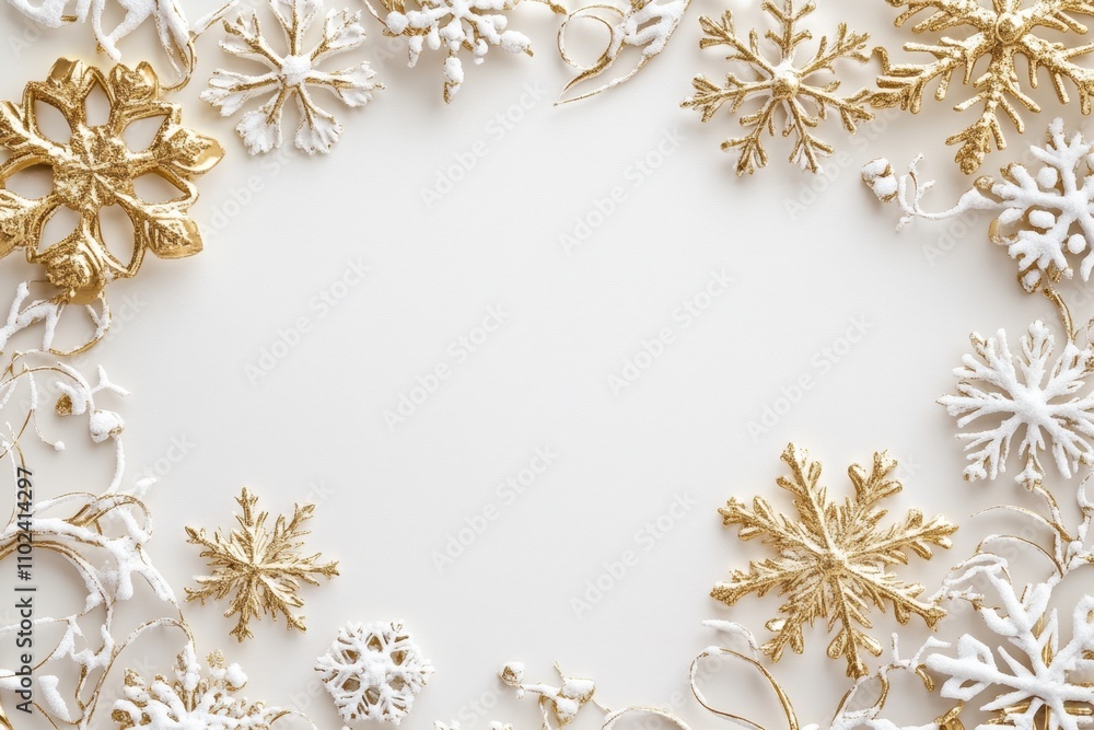 Poster a white background with golden snowflakes on the left and right sides, decorated with ornamental ele