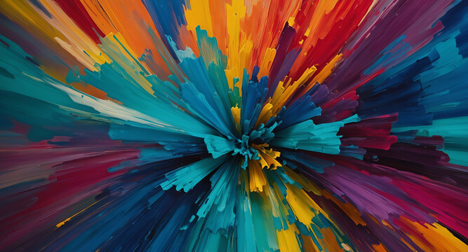 Dynamic explosion of multicolored paint strokes in blue, yellow, red, and orange hues, forming a bold, abstract radial composition.