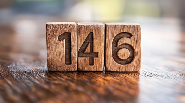 Wooden Number Blocks Displaying 146 on a Rustic Table Surface with Natural Lighting, Ideal for Educational or Creative Concepts in Photography and Design