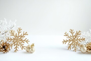 A white background with golden snowflakes on the left and right sides, creating an elegant winter atmosphere white space at both ends to highlight the beauty of Christmas Generative AI